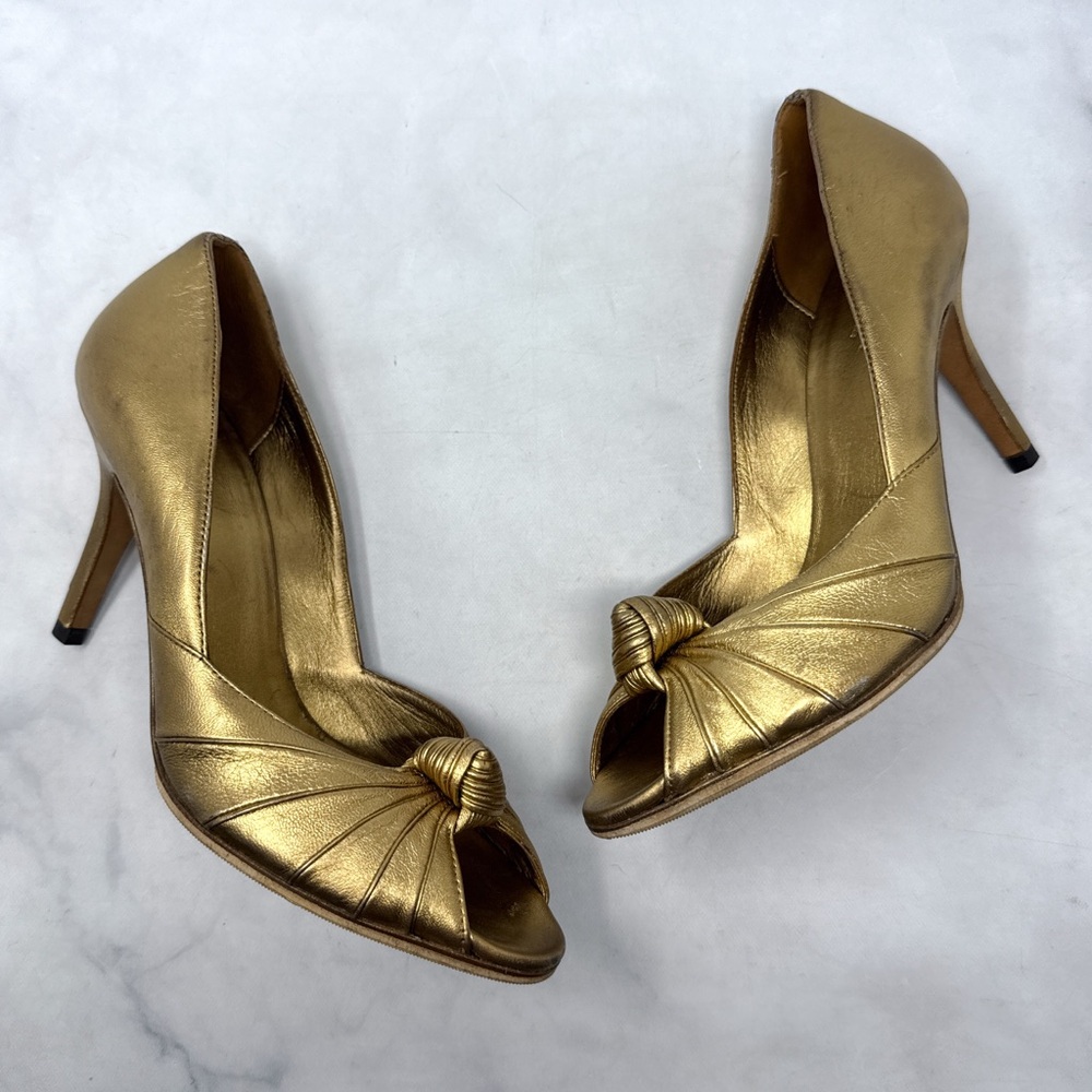 GUCCI Vintage Y2K Metallic Leather Knot Peep Toe Mid Height Pump Heels Gold 37.5 - Picture 3 of 16
